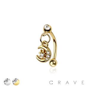 MOON STARBURST DANGLE CZ ROUND 316L SURGICAL STEEL CURVED BARBELL/EYEBROW